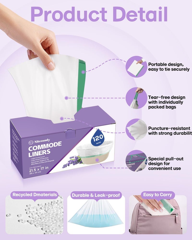 Nitecandy Commode Liners for Bedside Commode, 120 Count Universal Fit, Disposable Toilet Bags for Bedside Commode, Portable Toilet, Bed Pan, Medical Grade & Lavender Scented - Image 2